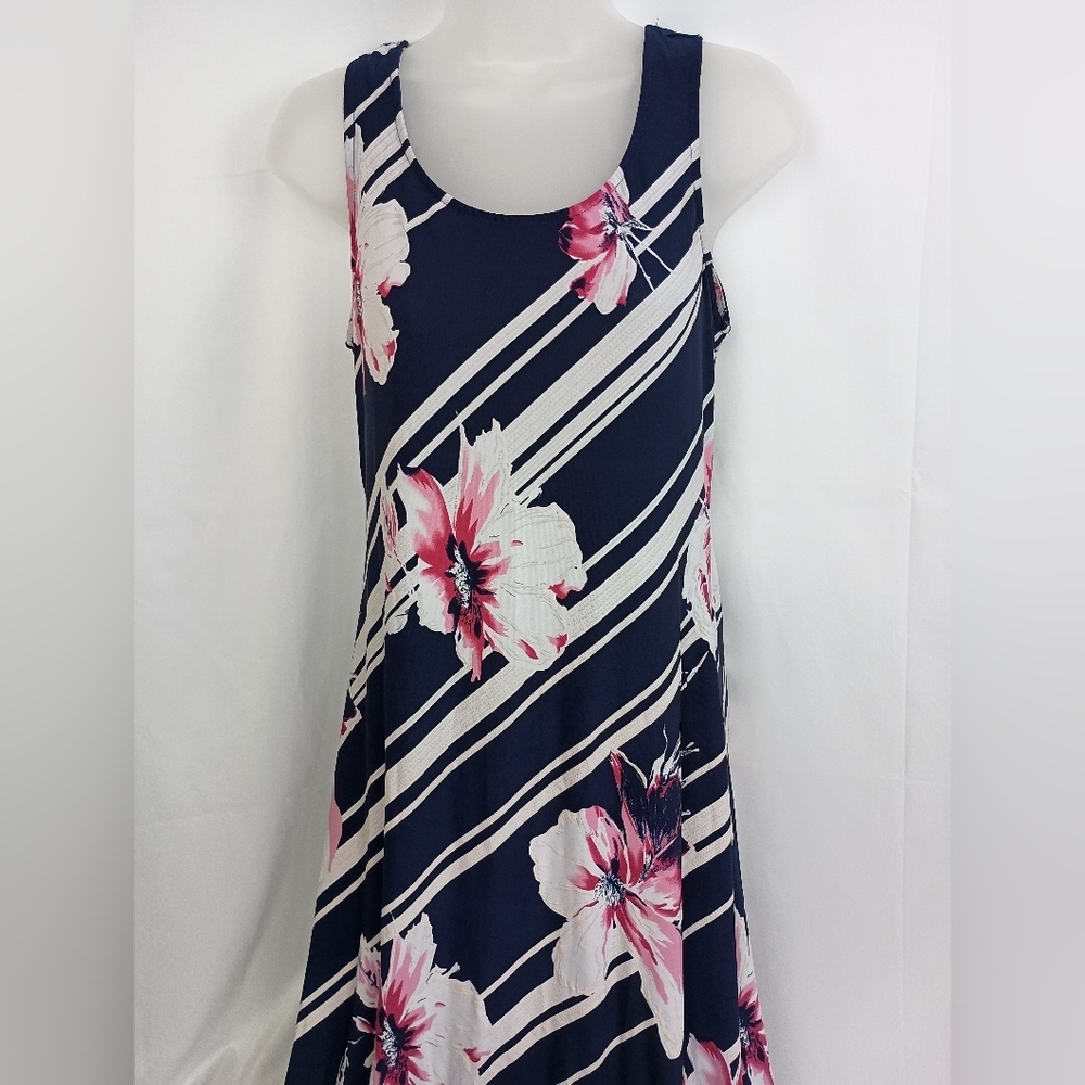 GLAMOUR Y2K‎ 8 Vacation Navy Pink Floral Striped Sleeveless Midi Dress  (#1,357)
